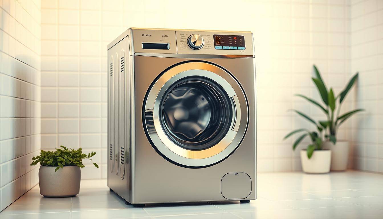 A compact, energy-efficient front-loading laundry machine sits in a well-lit, minimalist bathroom. The machine's sleek, stainless steel exterior gleams under soft, warm lighting, its compact size perfectly suited for a small space. The background features clean, white tiles and a few potted plants, creating a serene, spa-like atmosphere. The machine's controls are clearly visible, showcasing its intuitive, user-friendly design. The image conveys a sense of modern, sustainable living, highlighting the environmental benefits of using a compact, efficient laundry solution.