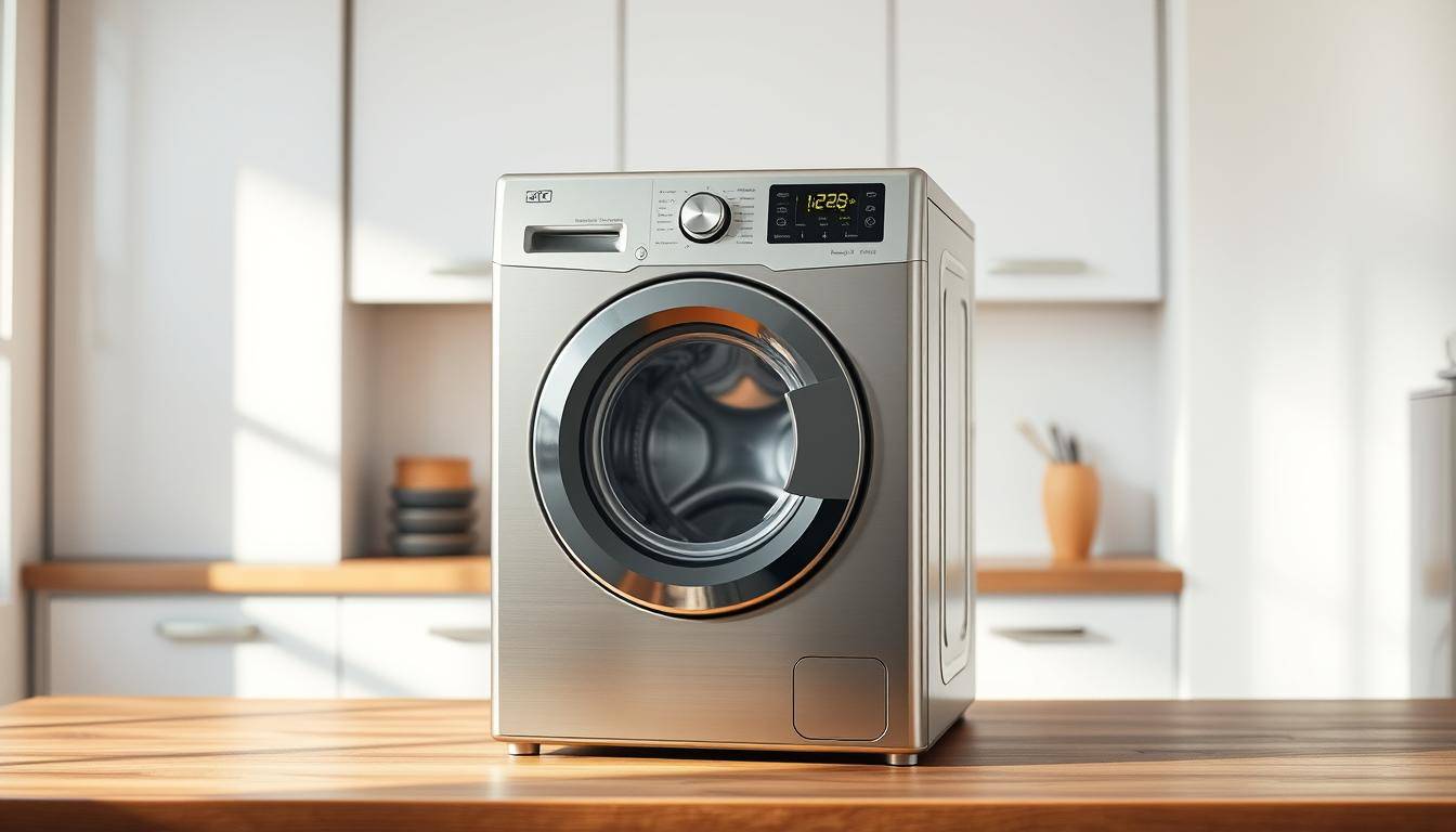 A compact, energy-efficient laundry machine standing proudly in a well-lit, modern kitchen. The sleek, minimalist design features a front-loading door and clean, brushed metal finish. The machine is positioned on a wooden countertop, the warm tones contrasting beautifully with the cool, industrial aesthetic. Soft, directional lighting casts gentle shadows, highlighting the machine's clean lines and compact size. The scene conveys a sense of efficiency and practicality, perfect for a small living space or dorm room.