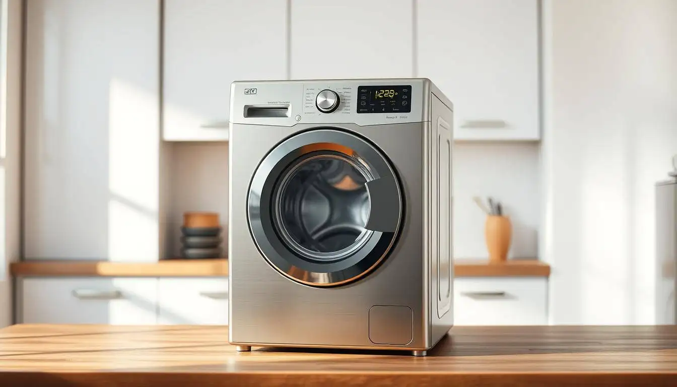 A compact, energy-efficient laundry machine standing proudly in a well-lit, modern kitchen. The sleek, minimalist design features a front-loading door and clean, brushed metal finish. The machine is positioned on a wooden countertop, the warm tones contrasting beautifully with the cool, industrial aesthetic. Soft, directional lighting casts gentle shadows, highlighting the machine's clean lines and compact size. The scene conveys a sense of efficiency and practicality, perfect for a small living space or dorm room.
