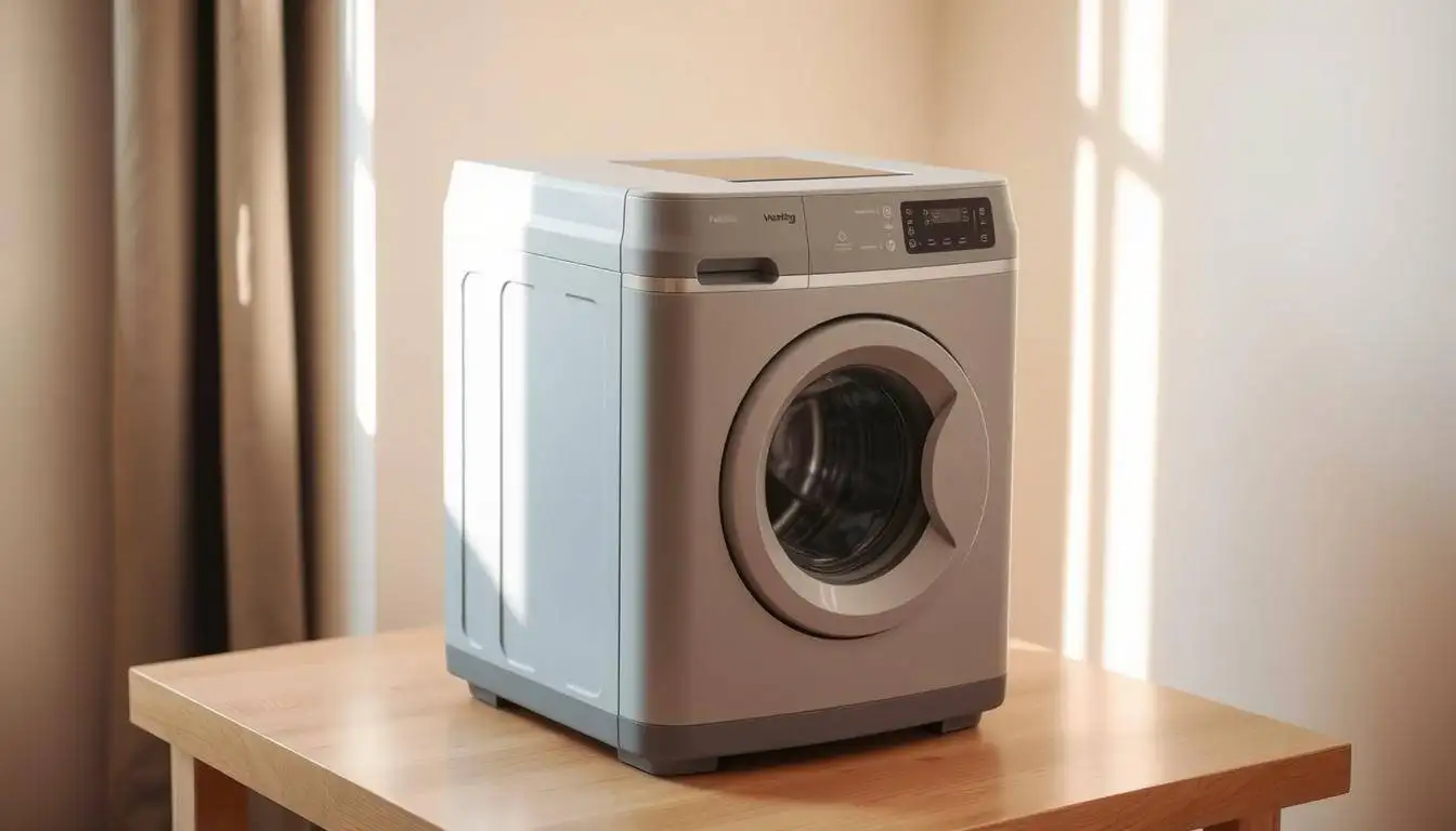 A compact, modern mini washing machine sitting on a wooden table, with a clean, minimalist design and simple controls. The machine is a soft, muted gray color, with a circular front-loading door and a small, digital display panel. The top of the machine has a smooth, flat surface, and the sides have a sleek, rectangular profile. The machine is well-lit, with warm, natural lighting from a nearby window, casting gentle shadows and highlights on the surface. The table it sits on is a light-colored wood, providing a clean and uncluttered background. The overall atmosphere is one of efficiency, simplicity, and functionality, perfectly suited for a small dorm room or compact living space.