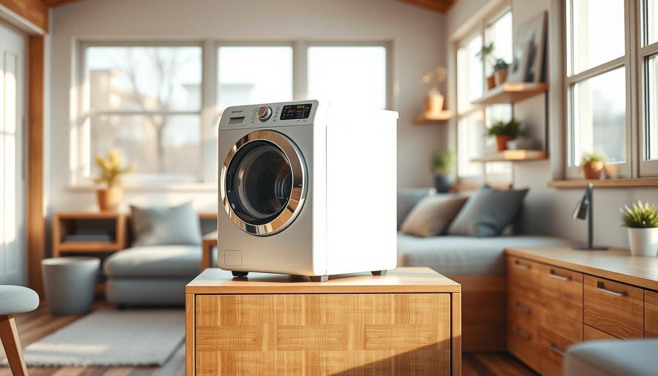 A compact, modern portable washing machine for a tiny home or RV, standing on a sleek, minimalist wooden cabinet in a bright, sunlit open-plan living area. The washer has a clean, streamlined design with a glass door, chrome accents, and intuitive digital controls. Soft, diffused lighting from large windows casts a warm glow, complementing the natural wood tones and a few potted plants on nearby shelves. The scene conveys a sense of simplicity, efficiency, and harmonious integration of functional appliance and cozy, thoughtfully designed living space.