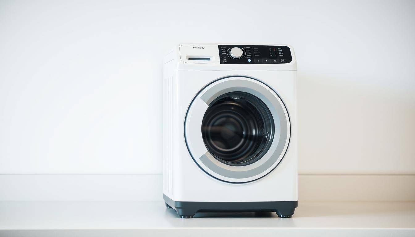 A compact portable washing machine sits on a clean, minimalist countertop. The machine's sleek, modern design takes center stage, with a clear window showcasing its drum capacity. Soft, even lighting illuminates the scene, highlighting the machine's streamlined controls and user-friendly interface. The background is blurred, drawing the viewer's focus to the key features of this efficient laundry solution for small spaces.