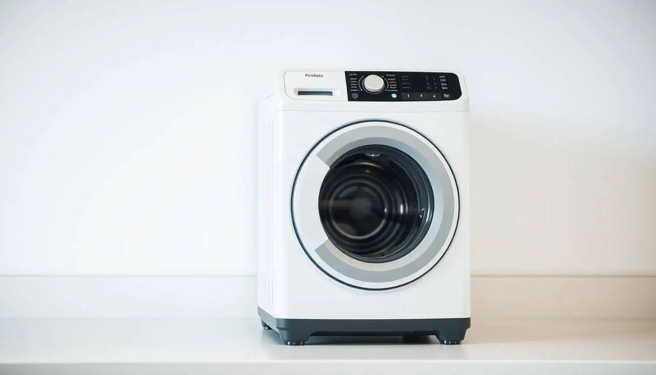 A compact portable washing machine sits on a clean, minimalist countertop. The machine's sleek, modern design takes center stage, with a clear window showcasing its drum capacity. Soft, even lighting illuminates the scene, highlighting the machine's streamlined controls and user-friendly interface. The background is blurred, drawing the viewer's focus to the key features of this efficient laundry solution for small spaces.